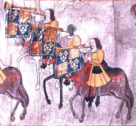 Trumpeters in the 1511 Westminster Tournament Roll, including the Black royal trumpeter identified as John Blanke. Anonymous artist; public domain, via The National Archives and Wikimedia Commons.