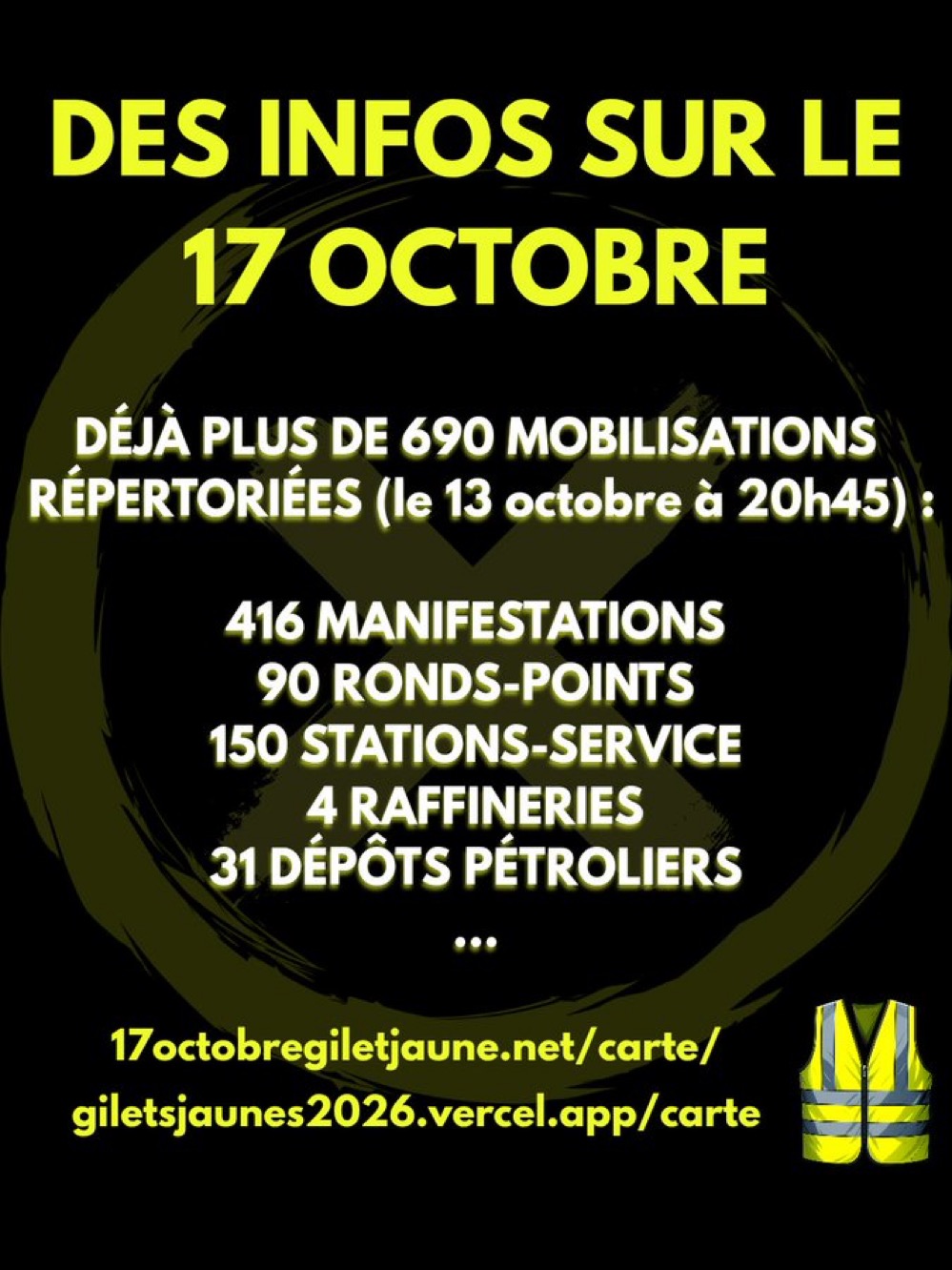 Gilets Jaunes flyer: "News on October 17 — already more than 690 mobilizations listed (October 13, 8:45 p.m.): 416 demonstrations, 90 roundabouts, 150 service stations, 4 refineries, 31 fuel depots," with links to the crowdsourced maps. Credit: 17octobregiletjaune.net.