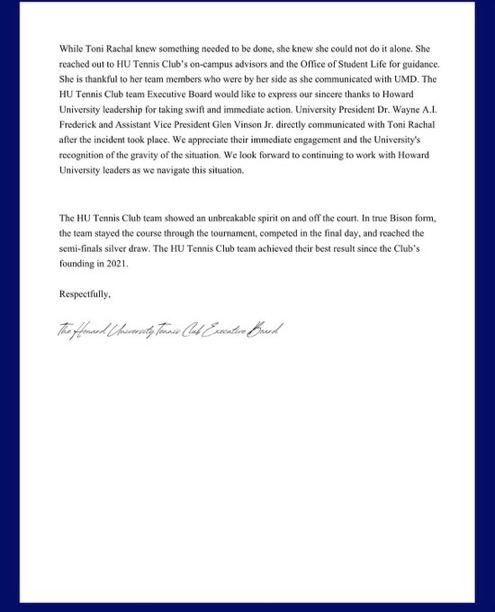Howard University Tennis Club Executive Board statement, October 12, 2026, page 2 of 2. Supplied by Stephen G. Hall; document credited to the issuing executive board.