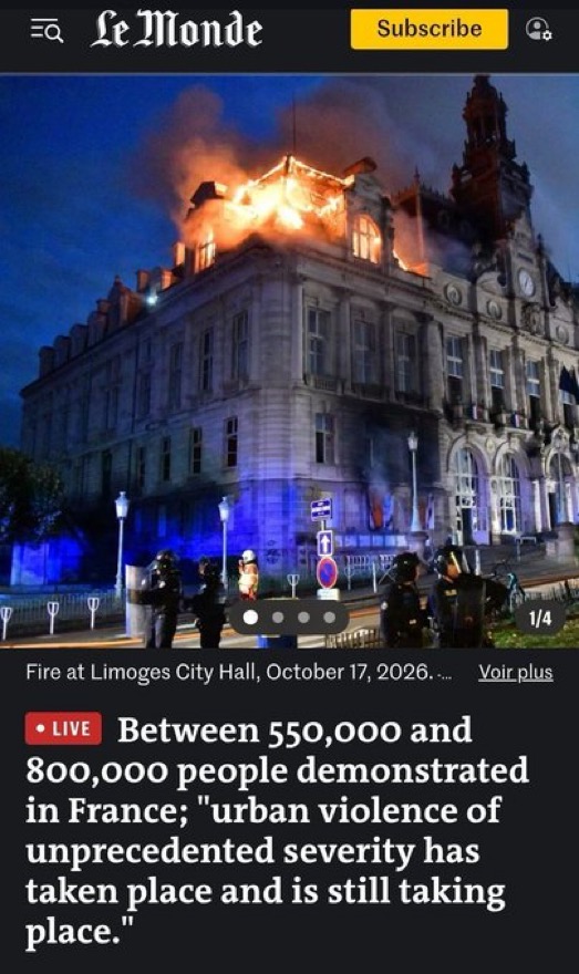 Limoges city hall burning on the night of October 17, 2026. Image via Le Monde.