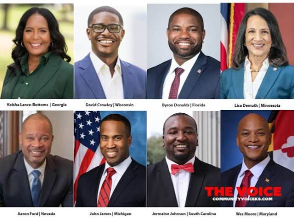 Eight Black candidates for governor in 2026: Keisha Lance Bottoms of Georgia, David Crowley of Wisconsin, Byron Donalds of Florida, Lisa Demuth of Minnesota, Aaron Ford of Nevada, John James of Michigan, Jermaine Johnson of South Carolina and Wes Moore of Maryland. Image: The Voice, communityvoiceks.com.