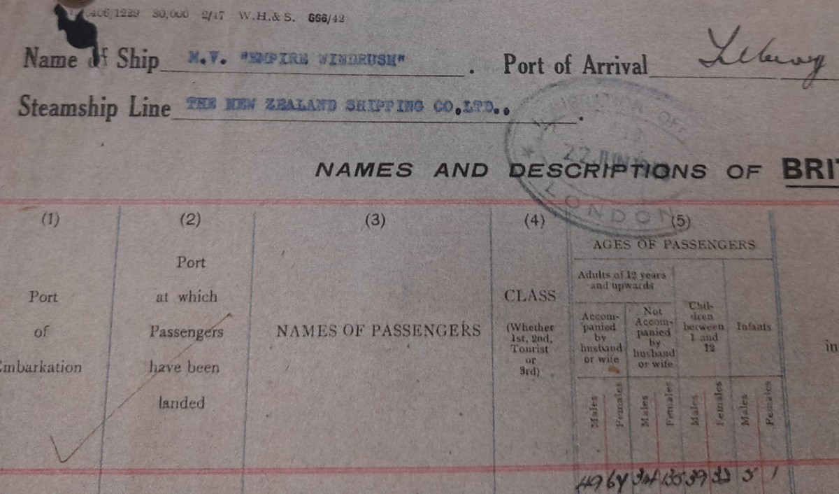 Header of the Empire Windrush passenger list for Tilbury, June 1948. Photograph of the document: Tek monde, April 20, 2023, via Wikimedia Commons; CC BY-SA 4.0. Resized for display. The photographed document is historical; the photograph was taken in 2023.