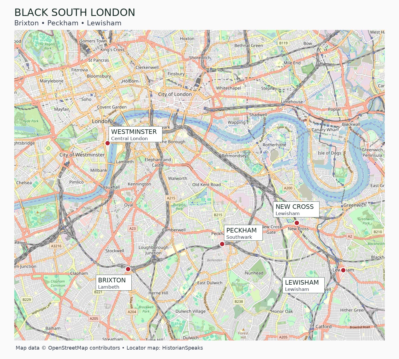 Brixton, Peckham, Lewisham, and New Cross in relation to central London. Present-day locator map, not a reconstruction of 1981 streets. Map data: OpenStreetMap contributors; cartography: HistorianSpeaks.