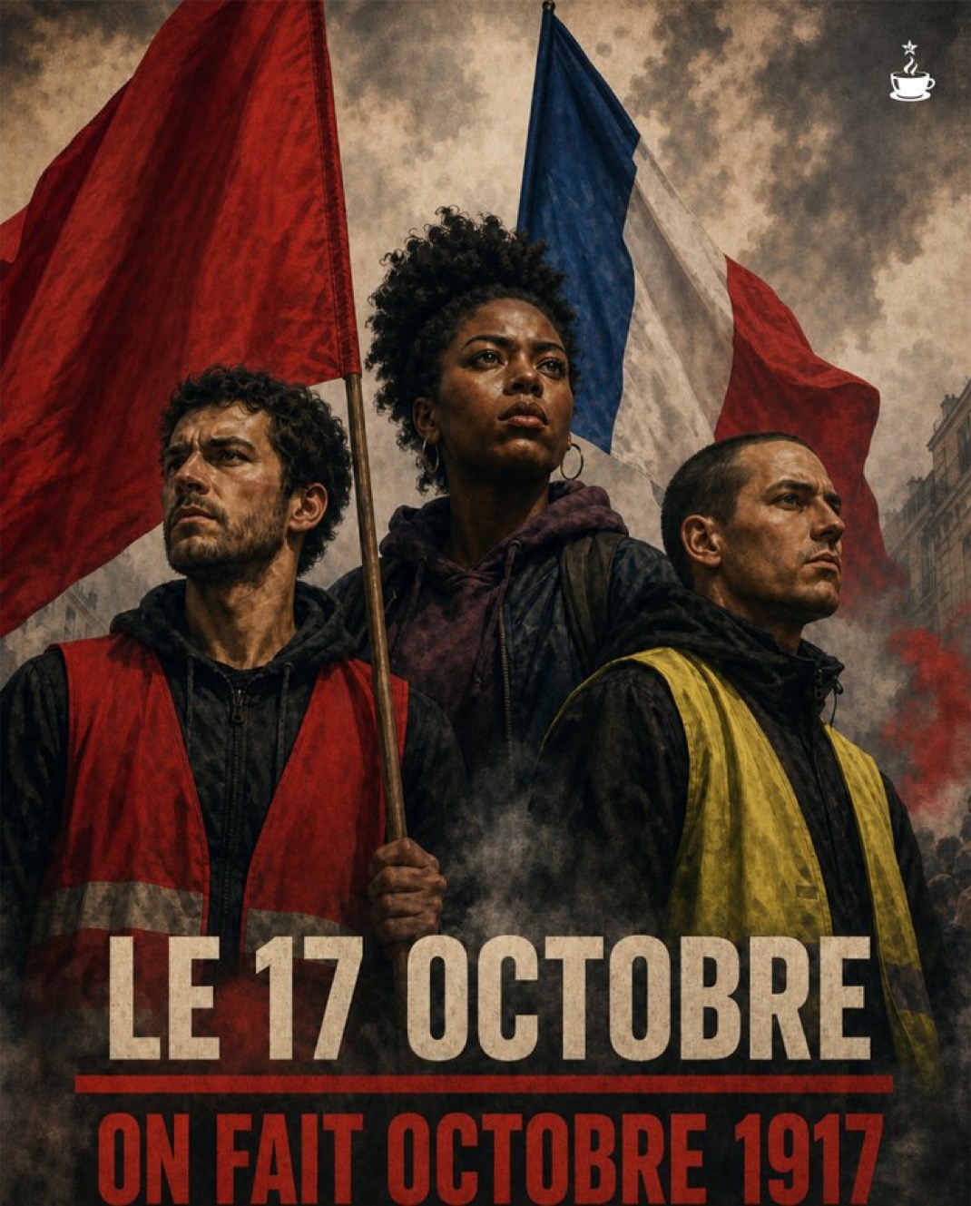 Contemporary illustrated October 17 mobilization poster: “On October 17, we make October 1917,” invoking the Russian Revolution. This is political campaign imagery, not documentary photography of the forthcoming demonstrations. Author unknown.