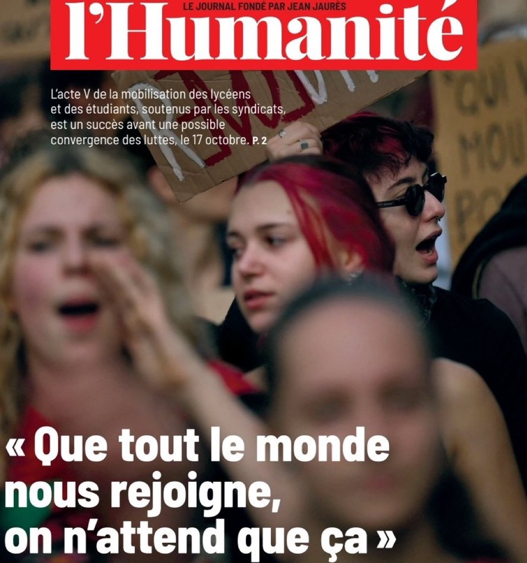 Supplied l’Humanité front-page excerpt: “Let everyone join us—that is all we ask,” describing student mobilization and a possible convergence of struggles on October 17. The issue date and photographer are not established by this excerpt. Author unknown.