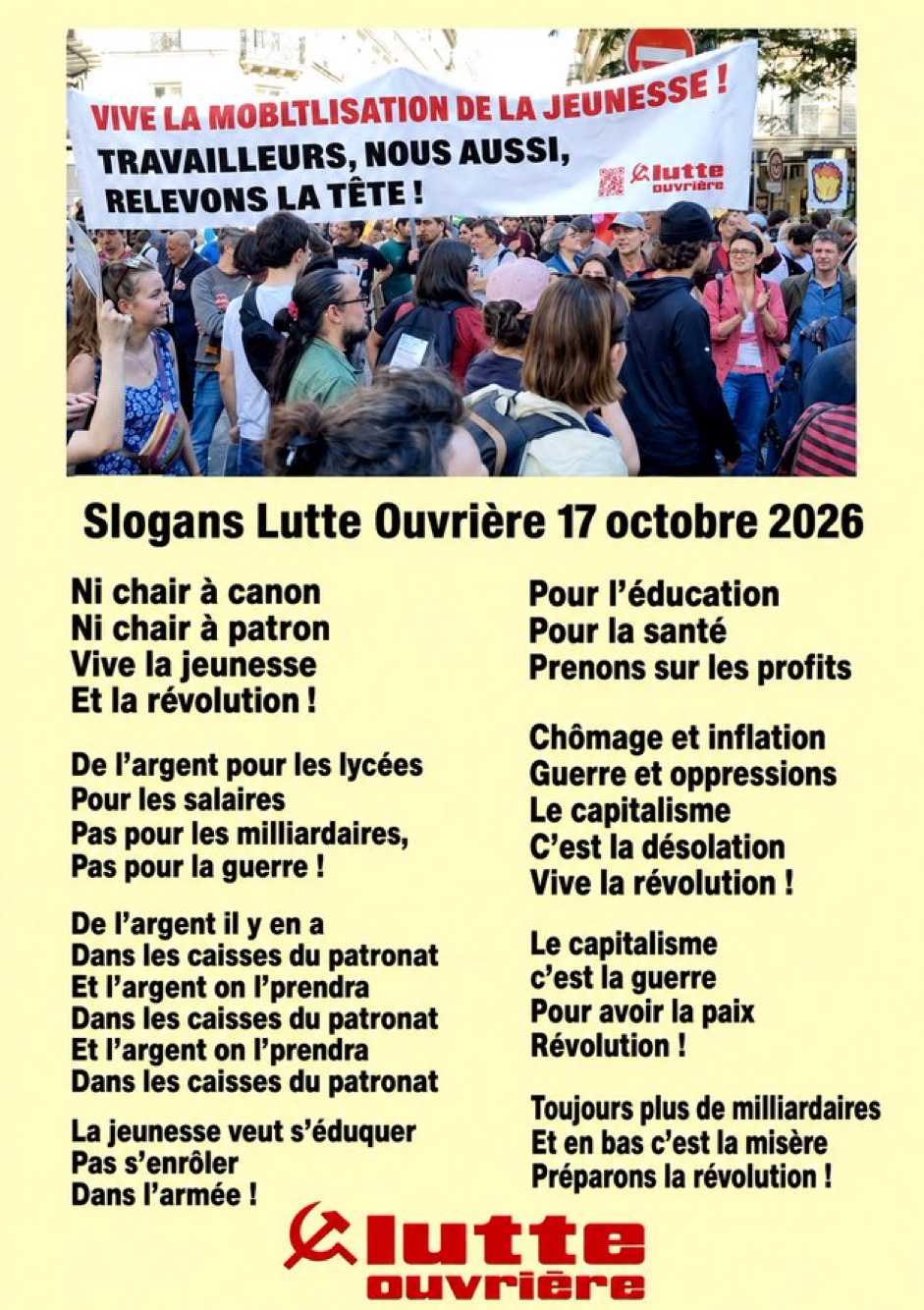 Lutte Ouvrière slogan sheet dated October 17, 2026, pairing support for youth mobilization with demands for education, health care and wages, and opposition to war and profits for billionaires. The photograph is part of the supplied campaign material; its date is not established. Author unknown.