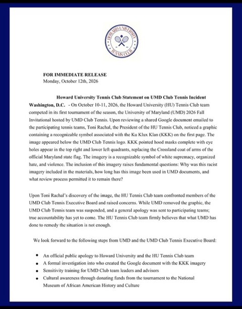 Howard University Tennis Club Executive Board statement, October 12, 2026, page 1 of 2.