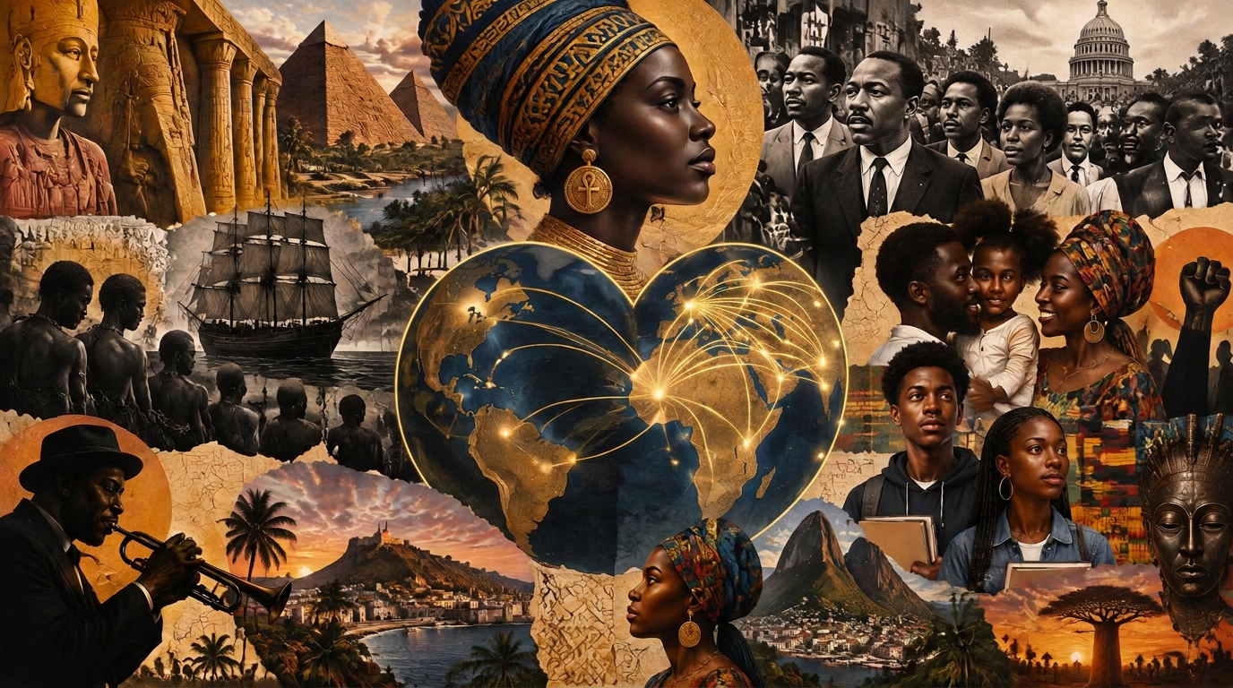 Panoramic collage of Black history and contemporary life across Africa, the Americas, and Europe
