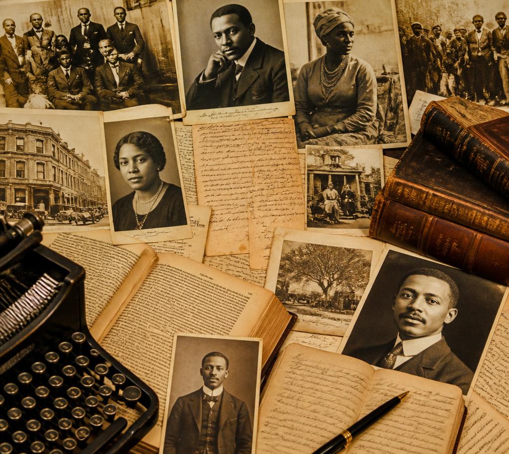 Collage of archival photographs, letters, and books from Black history