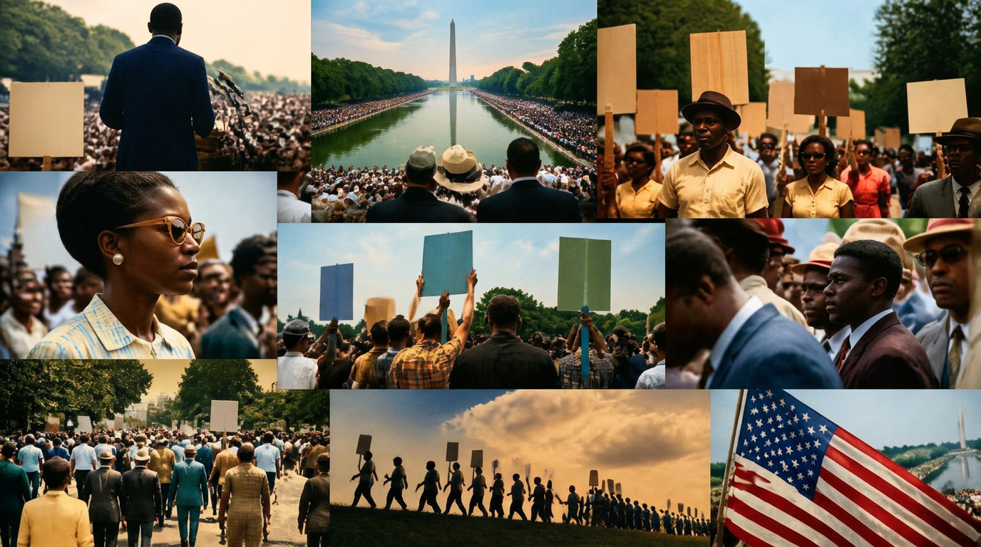 Archival collage of a mid-century American civil rights march
