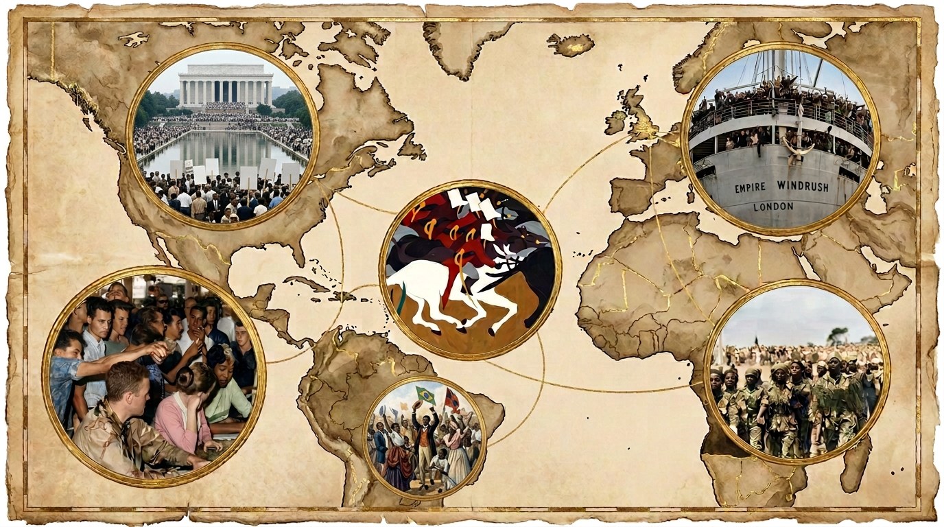 Collage on an old world map: the March on Washington, the Greensboro sit-ins, the Haitian Revolution, the Empire Windrush arriving in Britain, Angolan independence, and the 1888 end of slavery in Brazil