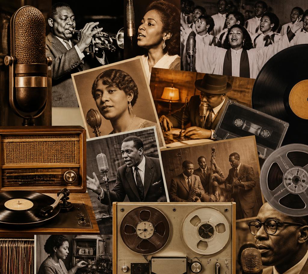Collage of vintage microphones, vinyl records, and Black musicians and broadcasters