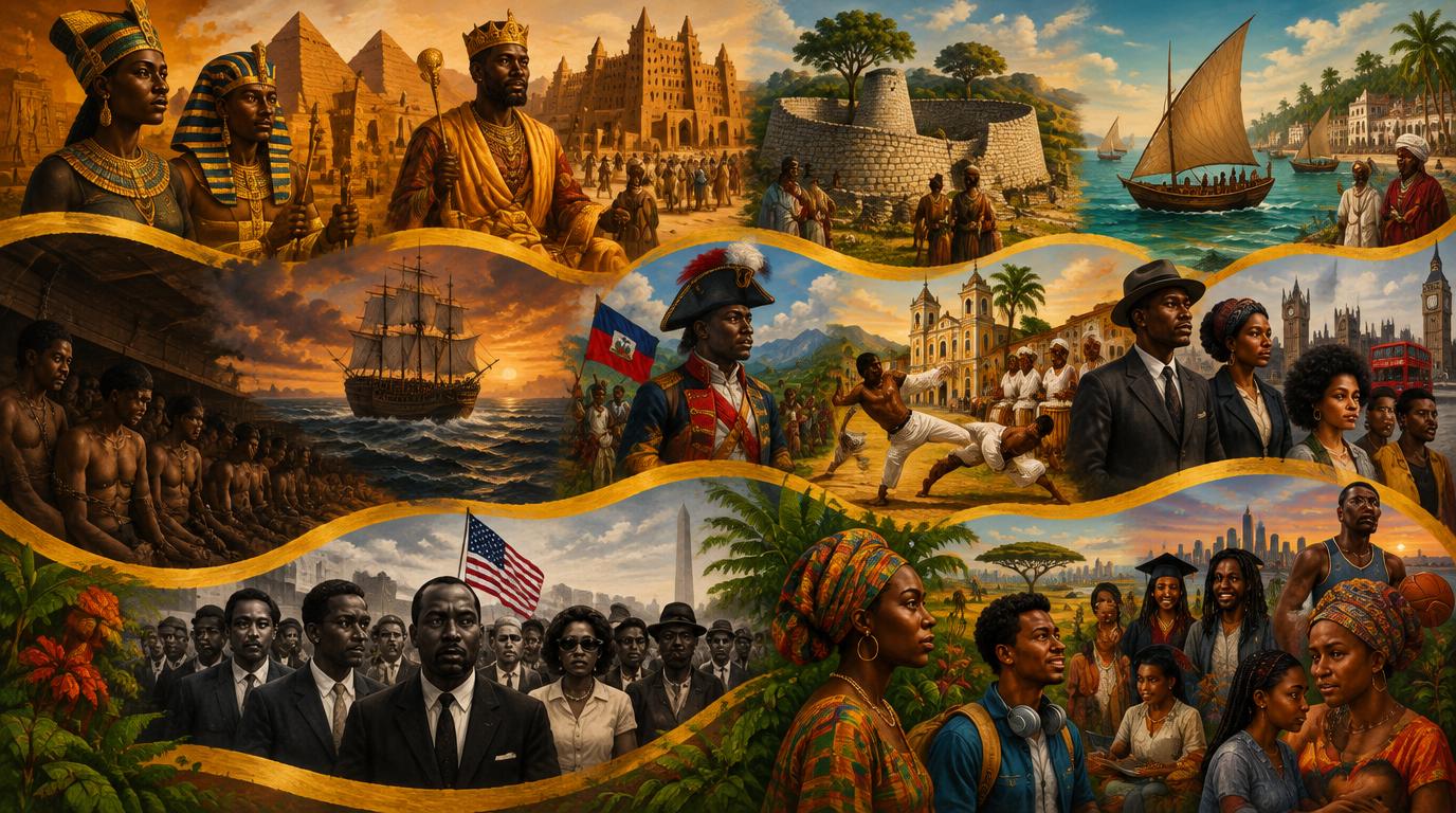 Painted collage of the global Black experience: ancient Nile Valley kingdoms, Mali, Great Zimbabwe, the Swahili coast, the Atlantic crossing, the Haitian Revolution, Afro-Brazil, Black Europe, the US civil rights movement and Africa and its diaspora today