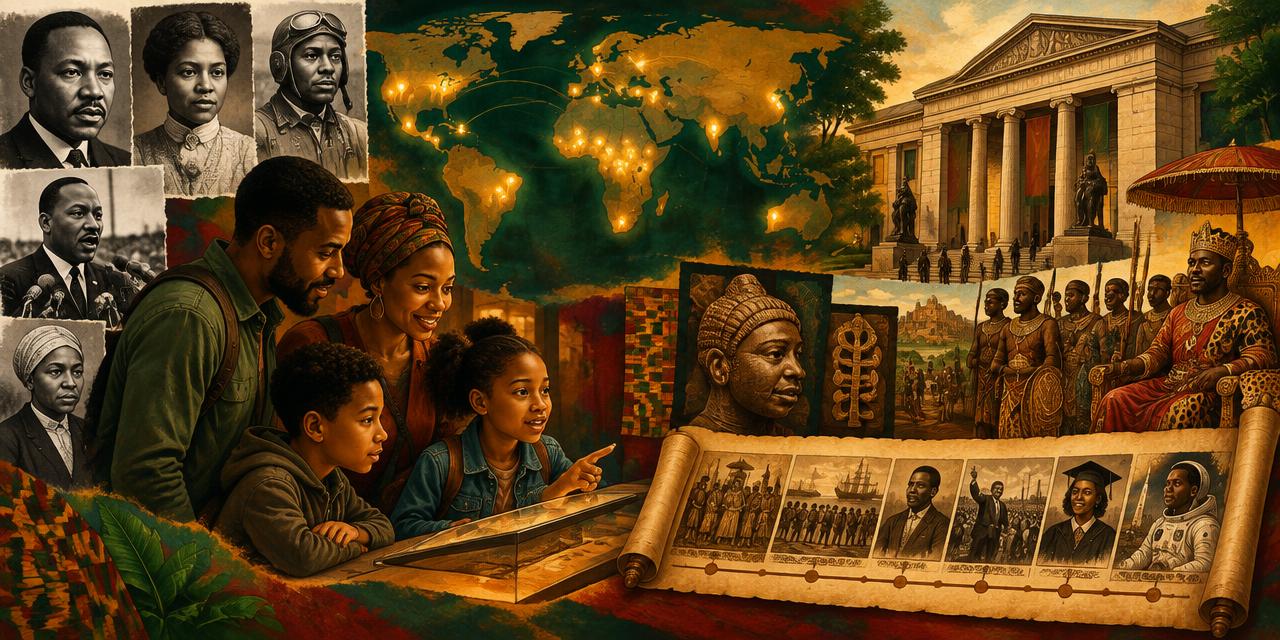 Collage of Black history: a world map, timeline, museum and family exploring together